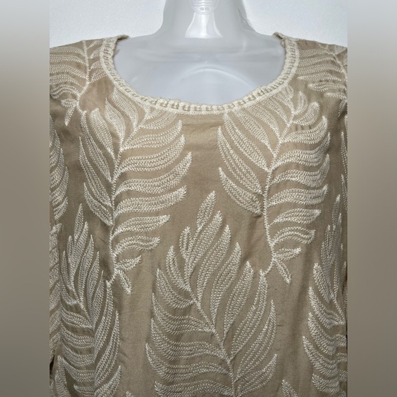 Solitaire Khaki Embroidered Top Fern Pattern Stitching Puff Sleeves Women M/L - Picture 4 of 8